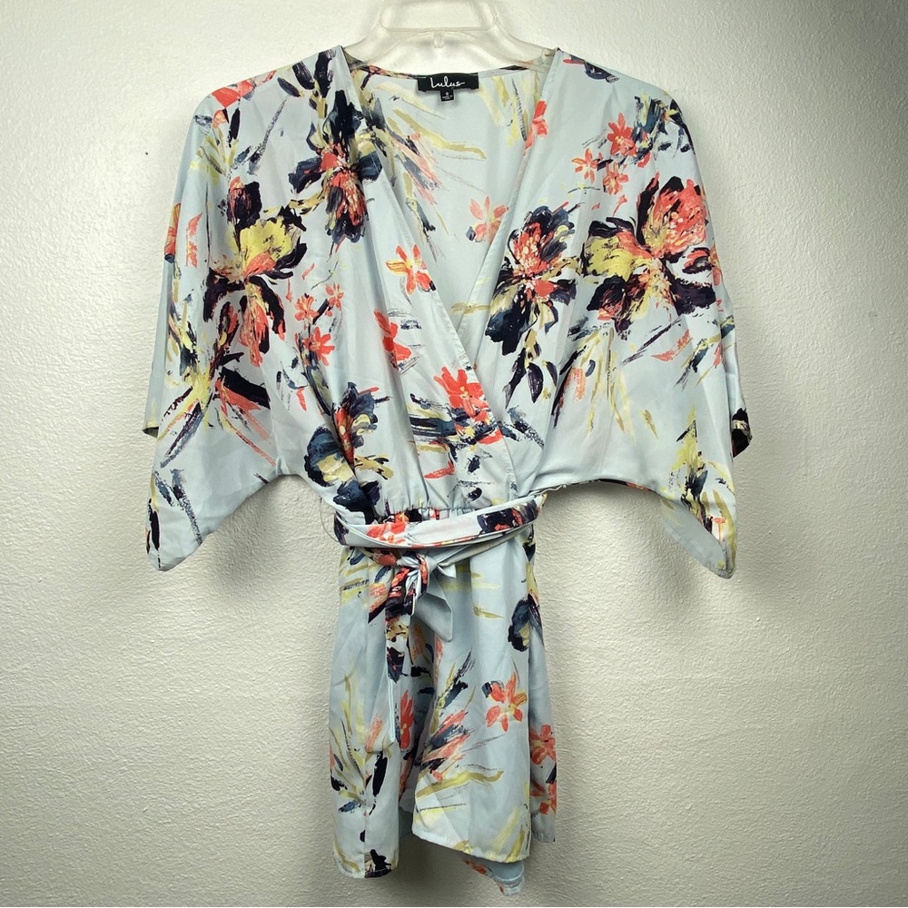Lulu's Womens Shorts Romper Size Small Faux Wrap Light Blue Tropical Floral